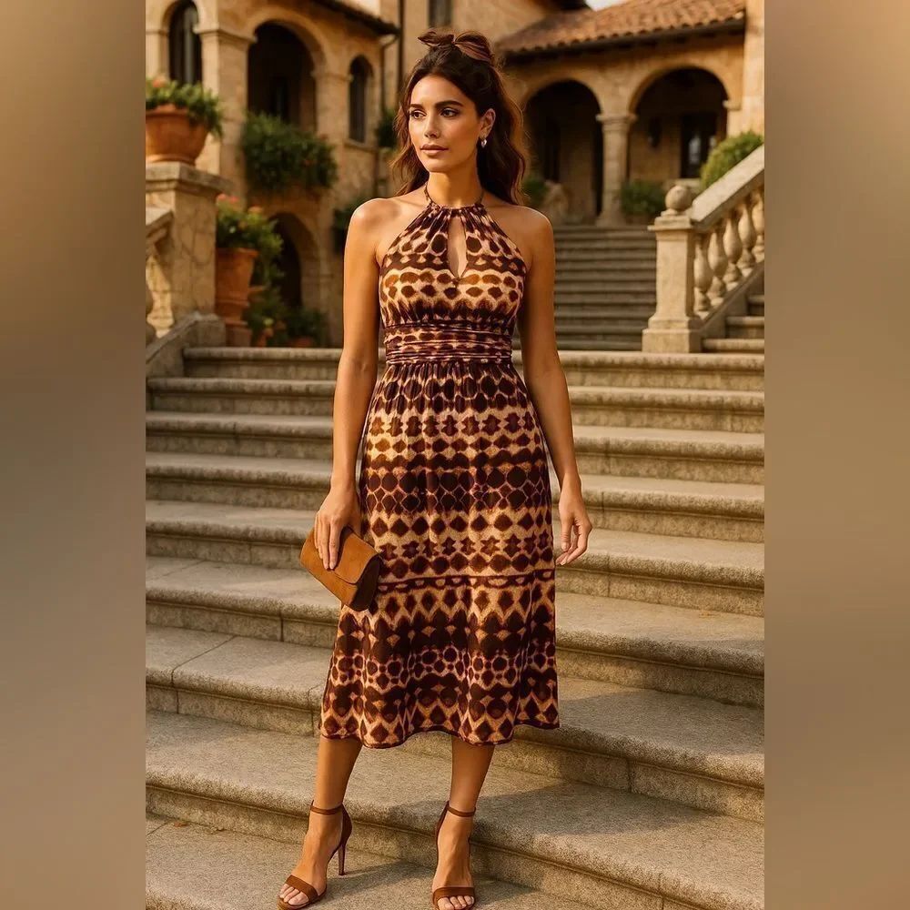 🧡 London Times Tribal Print Halter Midi Dress – Size [insert size]